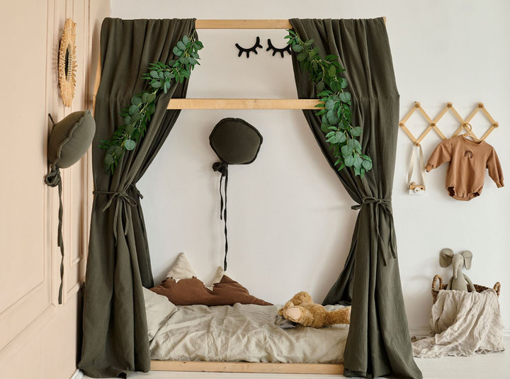 Muslin curtain on house bed Khaki Green Muslin Bed Curtains – Organic Cotton Canopy for House Bed or Crib | Soft Nursery Drapes hellolittlefox khaki-green-muslin-curtains-for-bed-house hellolittlefox.myshopify.com
