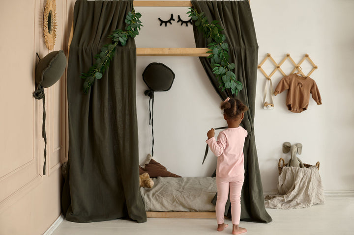 Khaki drapes in nursery setup Beige Montessori for toddlers House bed Lightweight canopy, curtains hellolittlefox beige-montessori-for-toddlers-house-bed-lightweight-canopy-curtains hellolittlefox.myshopify.com