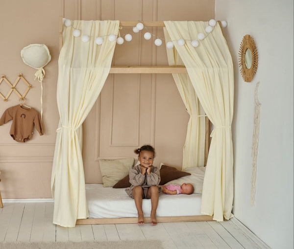 Vanilla muslin bed canopy Vanilla Muslin Bed Curtains – Organic Cotton Canopy for House Bed or Crib | Light Cream Nursery Drapes hellolittlefox vanilla-muslin-curtains-for-bed-house hellolittlefox.myshopify.com