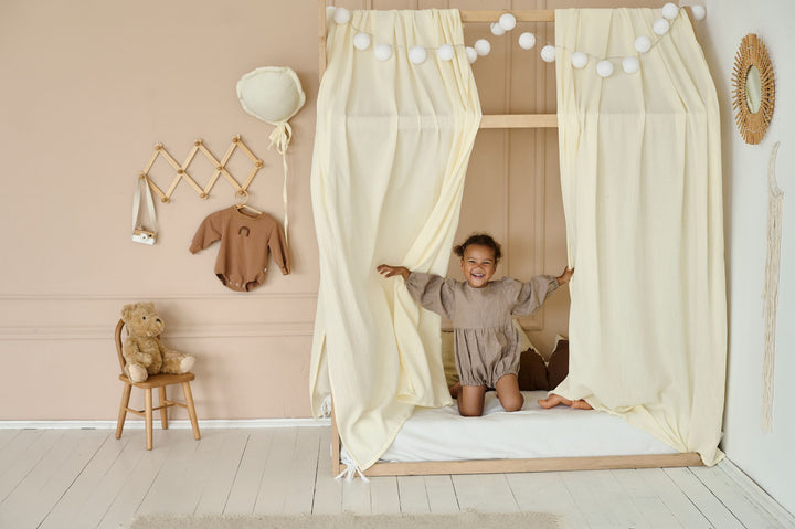 Cream cotton canopy for crib Vanilla Muslin Bed Curtains – Organic Cotton Canopy for House Bed or Crib | Light Cream Nursery Drapes hellolittlefox vanilla-muslin-curtains-for-bed-house hellolittlefox.myshopify.com