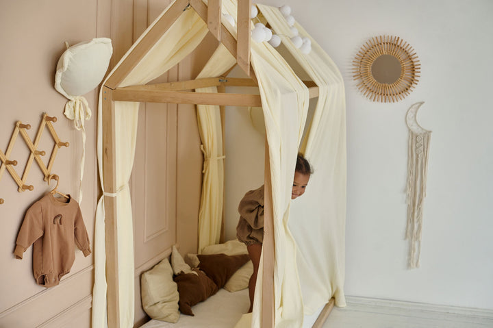 Montessori vanilla canopy Vanilla Muslin Bed Curtains – Organic Cotton Canopy for House Bed or Crib | Light Cream Nursery Drapes hellolittlefox vanilla-muslin-curtains-for-bed-house hellolittlefox.myshopify.com