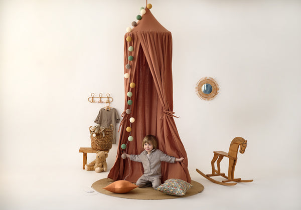 Boho baby canopy in warm brown Brown Muslin Canopy for Bed | Hanging Nursery Canopy for Crib or Kids Room hellolittlefox brown-muslin-canopy-for-bed-a-cozy-and-stylish-nursery-must-have hellolittlefox.myshopify.com