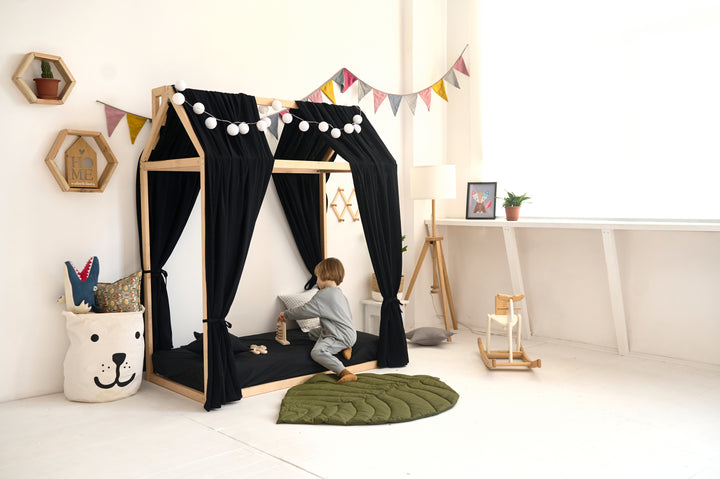 Breathable cotton muslin canopy black Black Muslin Bed Curtains – Organic Cotton Canopy for House Bed, Montessori Crib, or Toddler Room hellolittlefox black-muslin-curtains-for-bed-house hellolittlefox.myshopify.com