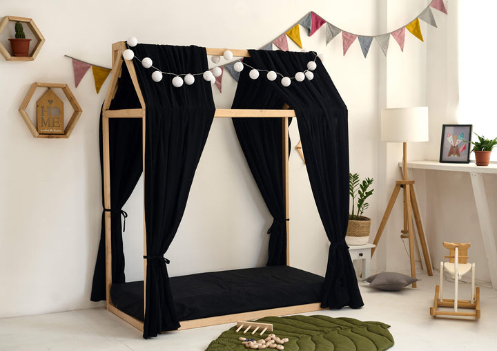 Toddler house bed with black canopy Black Muslin Bed Curtains – Organic Cotton Canopy for House Bed, Montessori Crib, or Toddler Room hellolittlefox black-muslin-curtains-for-bed-house hellolittlefox.myshopify.com