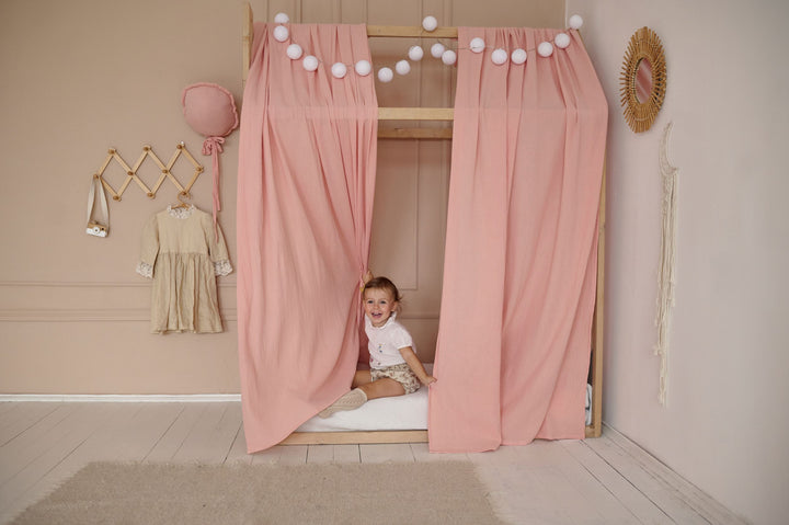 Toddler house bed with soft pink drape Beige Montessori for toddlers House bed Lightweight canopy, curtains hellolittlefox beige-montessori-for-toddlers-house-bed-lightweight-canopy-curtains hellolittlefox.myshopify.com