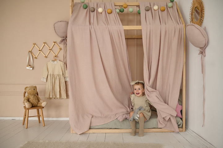 Organic cotton canopy in warm beige for toddler bed Beige with light pink muslin curtains for bed, house hellolittlefox beige-with-light-pink-muslin-curtains-for-bed-house hellolittlefox.myshopify.com