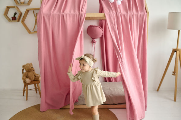 Pink muslin curtains for bed, house