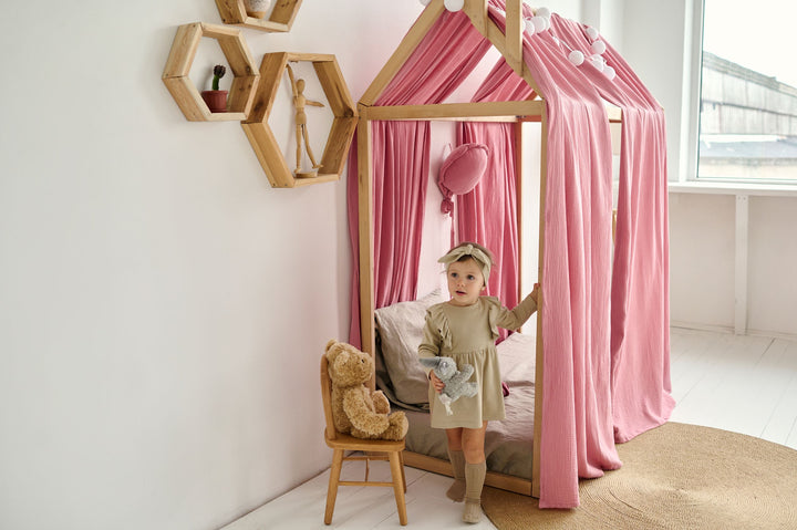 Pink canopy for crib Pink Muslin Bed Curtains – Organic Cotton Canopy Drapes for Toddler or House Bed hellolittlefox pink-muslin-curtains-for-bed-house hellolittlefox.myshopify.com