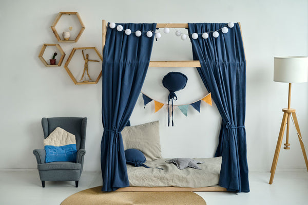 Navy Blue muslin curtains for bed, house