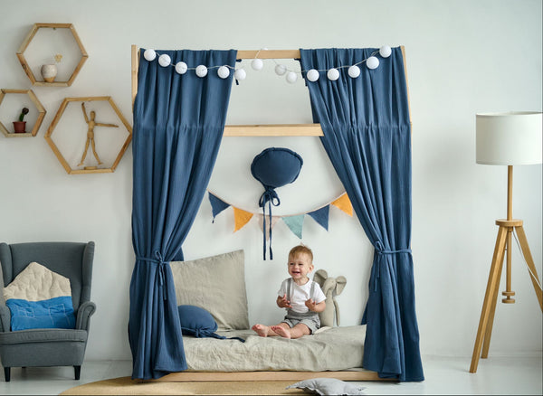 Navy Blue muslin curtains for bed, house