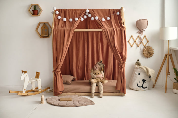 House-shaped bed with brown curtains Brown Muslin Curtains for Montessori Bed | Organic Cotton Crib Canopy Drapes | Breathable House Bed Curtains for Toddler Room hellolittlefox brown-house-bed-curtains hellolittlefox.myshopify.com