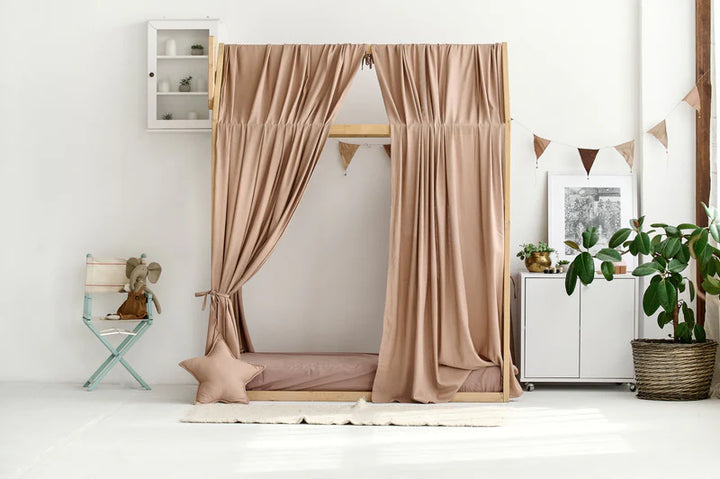 Linen drapes styled for twin size bed Taupe Linen Canopy Bed Curtains | Organic Linen Curtains for Montessori House Bed or Toddler Bed | Neutral Nursery Room Decor hellolittlefox taupe-linen-canopy-bed-curtains-aesthetic-room-decor hellolittlefox.myshopify.com