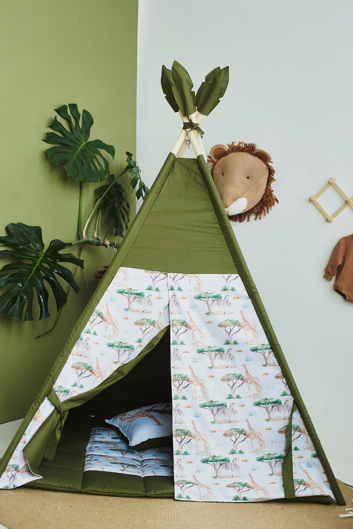 Gender-neutral tipi tent with window and mat Safari Print Kids Teepee Tent – Dark Green Play Tent for Toddlers | Neutral Indoor Playhouse with Mat | Montessori Gift Idea hellolittlefox toddler-teepee-tent-for-kids-safari-print-green-playhouse-neutral-teepee-for-kids-playroom-indoor-kids-tent hellolittlefox.myshopify.com