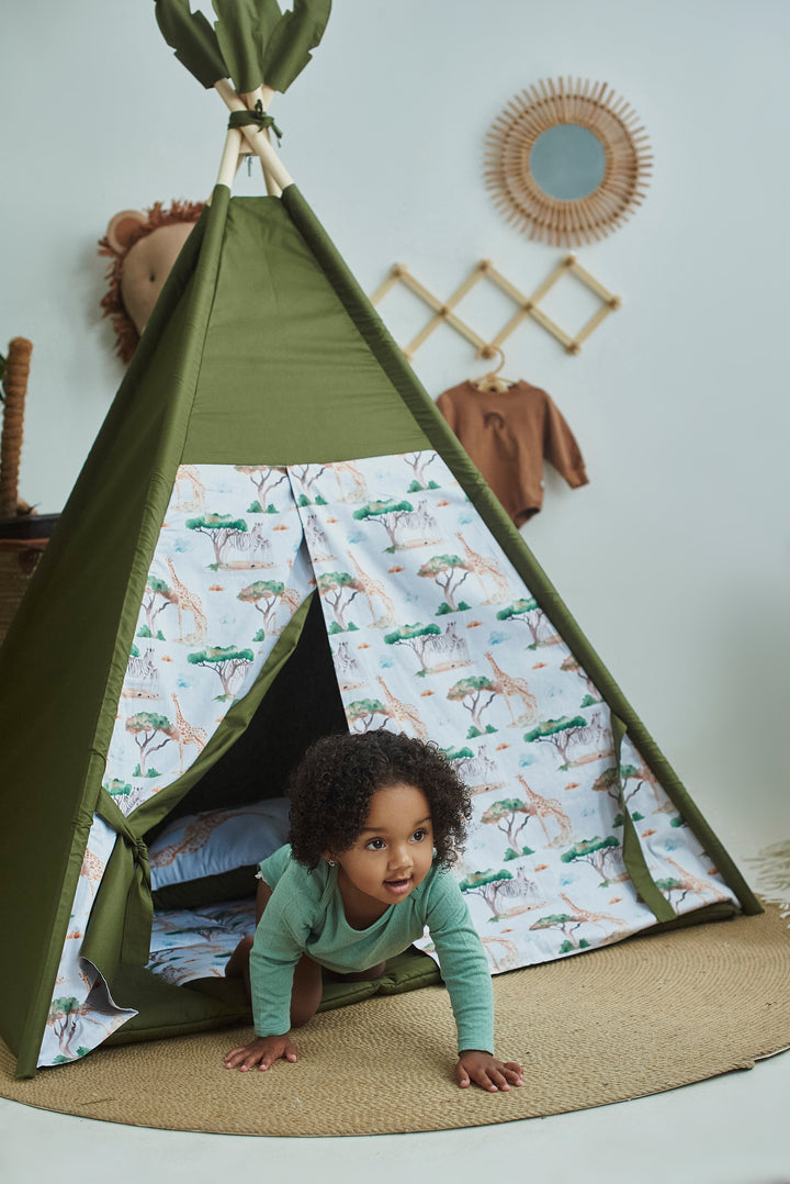 Safari print teepee tent in neutral nursery Safari Print Kids Teepee Tent – Dark Green Play Tent for Toddlers | Neutral Indoor Playhouse with Mat | Montessori Gift Idea hellolittlefox toddler-teepee-tent-for-kids-safari-print-green-playhouse-neutral-teepee-for-kids-playroom-indoor-kids-tent hellolittlefox.myshopify.com
