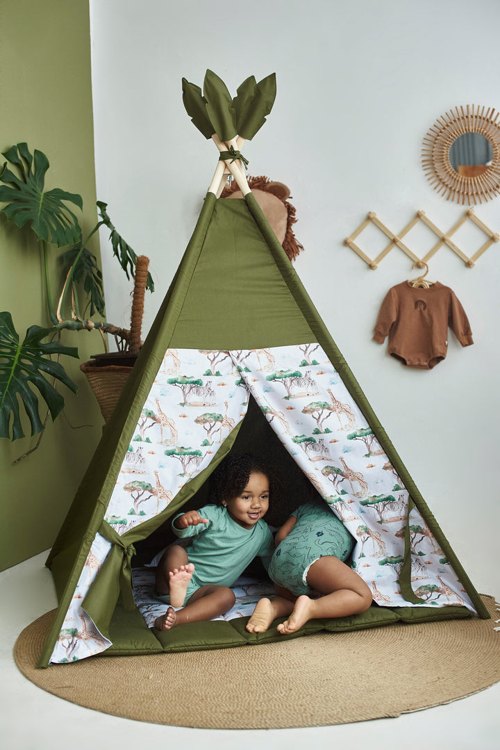 Safari Print Kids Teepee Tent – Dark Green Play Tent for Toddlers | Neutral Indoor Playhouse with Mat | Montessori Gift Idea hellolittlefox toddler-teepee-tent-for-kids-safari-print-green-playhouse-neutral-teepee-for-kids-playroom-indoor-kids-tent hellolittlefox.myshopify.com