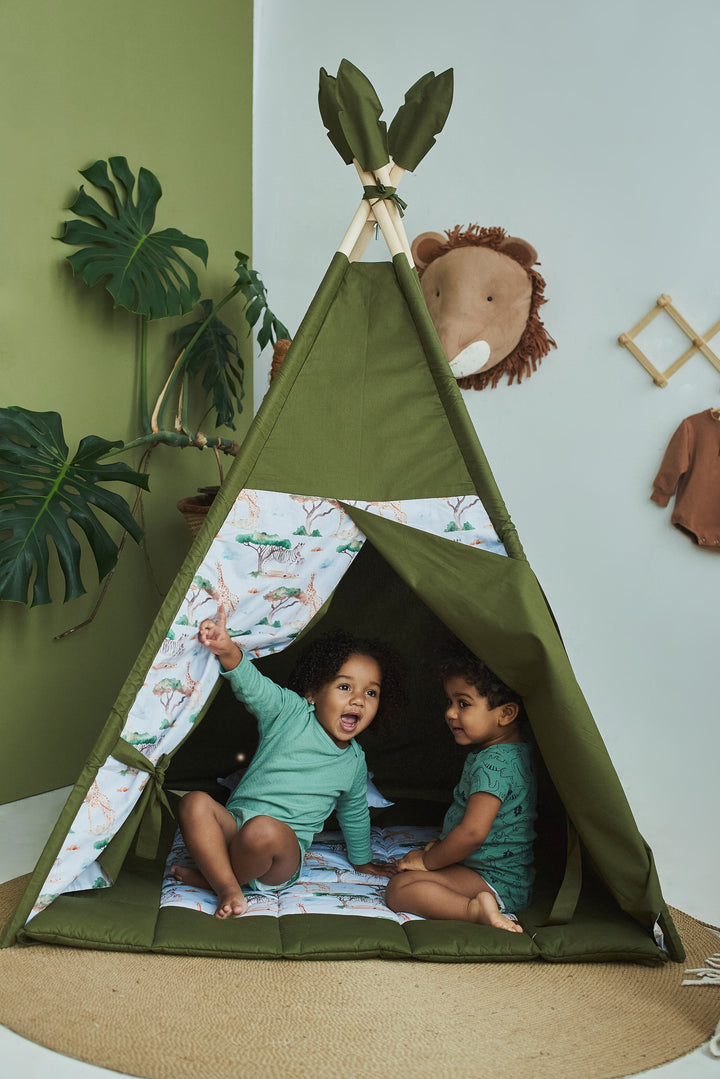 Safari Print Kids Teepee Tent – Dark Green Play Tent for Toddlers | Neutral Indoor Playhouse with Mat | Montessori Gift Idea hellolittlefox toddler-teepee-tent-for-kids-safari-print-green-playhouse-neutral-teepee-for-kids-playroom-indoor-kids-tent hellolittlefox.myshopify.com