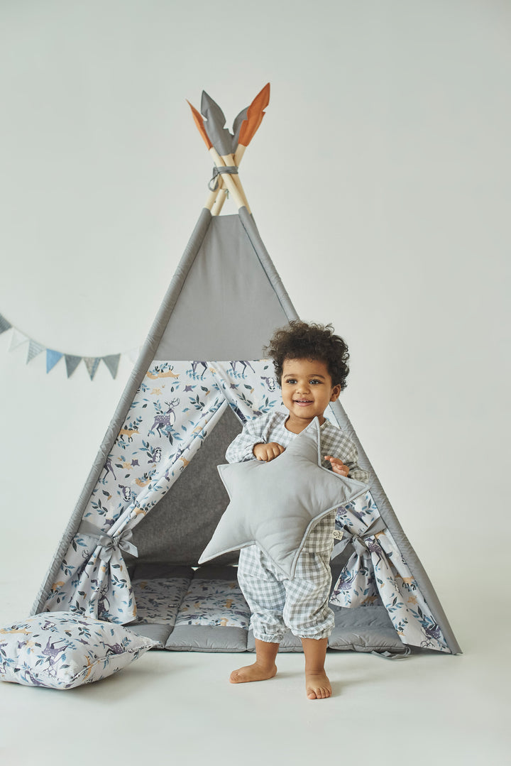 Montessori-style teepee tent for kids room

 Woodland Animals & Gray Teepee Tent | Ideal 1st Birthday, Christmas, Girls and Boys’ Gift hellolittlefox kids-teepee-tent-perfect-1st-birthday-gift-christmas-gift-boys-birthday-present hellolittlefox.myshopify.com