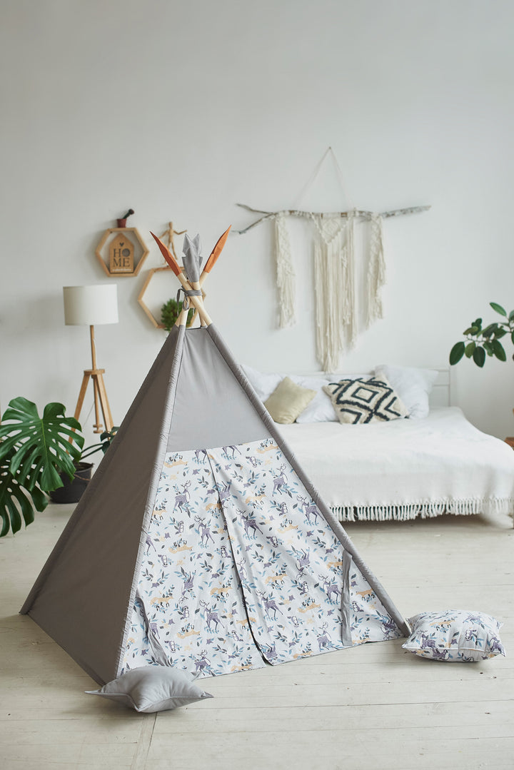 Indoor teepee with play mat for toddlers Woodland Animals & Gray Teepee Tent | Ideal 1st Birthday, Christmas, Girls and Boys’ Gift hellolittlefox kids-teepee-tent-perfect-1st-birthday-gift-christmas-gift-boys-birthday-present hellolittlefox.myshopify.com