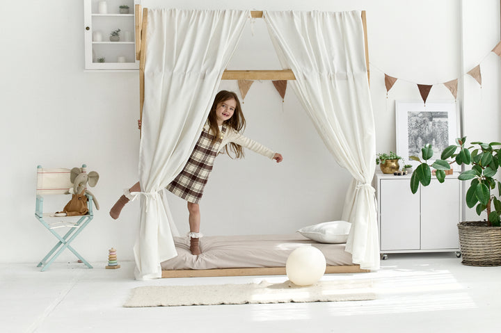 House bed with white linen canopy installed White Linen Canopy Bed Curtains | Organic Linen Curtains for Toddler or Montessori House Bed | Aesthetic Nursery Decor hellolittlefox white-linen-canopy-bed-curtains-aesthetic-room-decor-copy hellolittlefox.myshopify.com