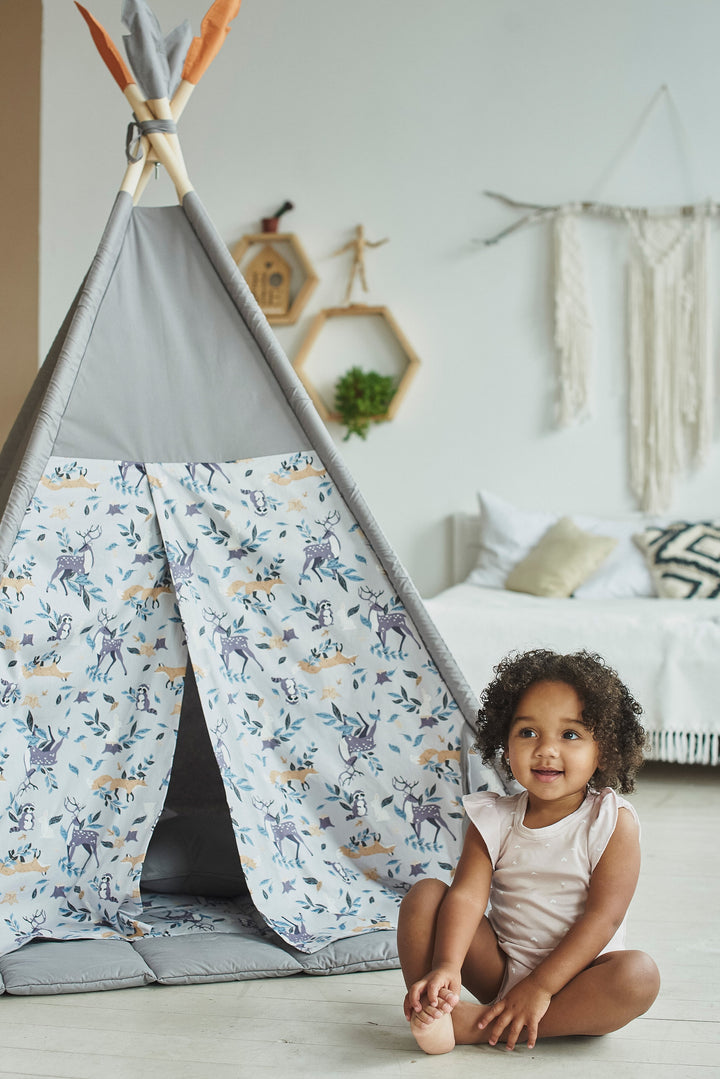 Toddler sitting inside cotton play tent Woodland Animals & Gray Teepee Tent | Ideal 1st Birthday, Christmas, Girls and Boys’ Gift hellolittlefox kids-teepee-tent-perfect-1st-birthday-gift-christmas-gift-boys-birthday-present hellolittlefox.myshopify.com