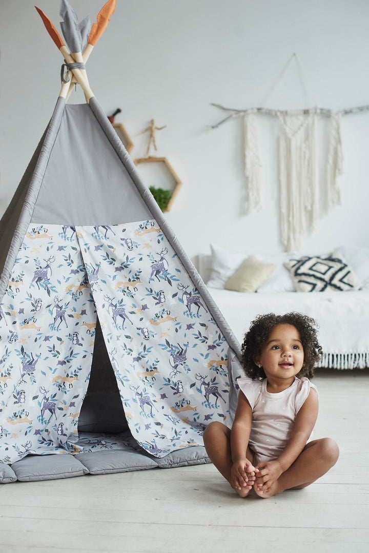 Gender-neutral tipi tent with wooden poles Woodland Animals & Gray Teepee Tent | Ideal 1st Birthday, Christmas, Girls and Boys’ Gift hellolittlefox kids-teepee-tent-perfect-1st-birthday-gift-christmas-gift-boys-birthday-present hellolittlefox.myshopify.com
