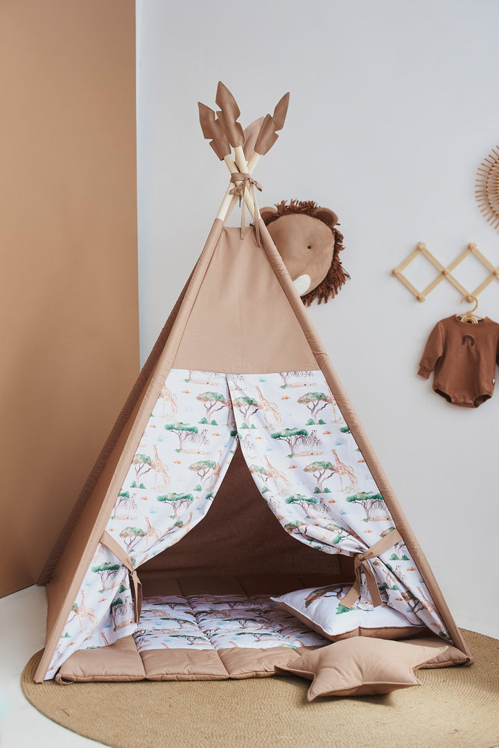 Gender-neutral play tent with wooden poles Safari Print Teepee Tent in Dusty Brown – Neutral Indoor Play Tent for Toddlers | Montessori Wigwam | Pretend Play Gift for Kids hellolittlefox toddler-tent-teepee-for-kids-safari-print-wigwam-playhouse-neutral-brown-kids-playhouse-indoor-teepee-tent-for-playroom-decor hellolittlefox.myshopify.com