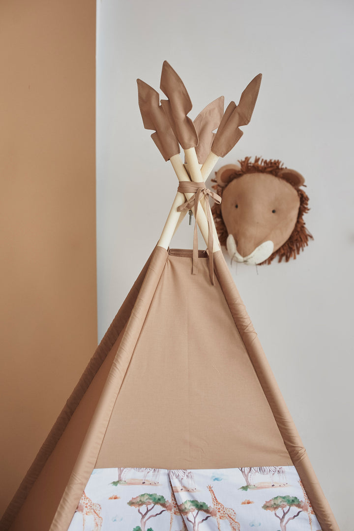 Toddler sitting inside safari playhouse Safari Print Teepee Tent in Dusty Brown – Neutral Indoor Play Tent for Toddlers | Montessori Wigwam | Pretend Play Gift for Kids hellolittlefox toddler-tent-teepee-for-kids-safari-print-wigwam-playhouse-neutral-brown-kids-playhouse-indoor-teepee-tent-for-playroom-decor hellolittlefox.myshopify.com