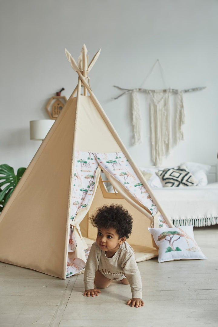 tipi zelt kinder beige Safari & Beige Kids Teepee Tent – Neutral Indoor Play Tent for Toddlers | 1st Birthday Gift
