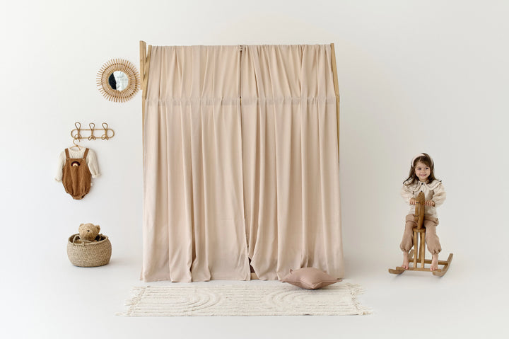 Linen nursery curtains hanging from wooden frame bed Pale Pink Linen Bed Curtains for Montessori House Bed | Soft Toddler Canopy Curtains for Girl’s Room hellolittlefox pink-linen-canopy-bed-curtains-aesthetic-room-decor hellolittlefox.myshopify.com Pale Pink Linen Bed Curtains for Montessori House Bed | Soft Toddler Canopy Curtains for Girl’s Room hellolittlefox pink-linen-canopy-bed-curtains-aesthetic-room-decor hellolittlefox.myshopify.com
