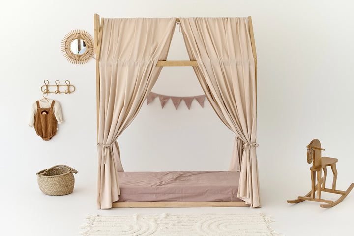 Aesthetic toddler room with linen canopy curtains Pale Pink Linen Bed Curtains for Montessori House Bed | Soft Toddler Canopy Curtains for Girl’s Room hellolittlefox pink-linen-canopy-bed-curtains-aesthetic-room-decor hellolittlefox.myshopify.com