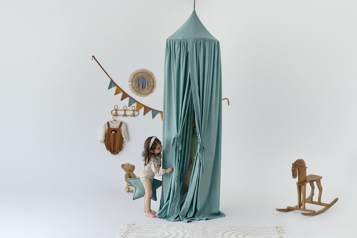 Decorative sage green play canopy for Montessori corner Sage Green Linen Canopy | Natural Baby Crib Canopy | Hanging Roof Canopy for Nursery & Play Corner hellolittlefox baby-crib-canopy-linen-canopy-hanging-from-roof-canopy-crib-canopy-canopy-for-crib hellolittlefox.myshopify.com