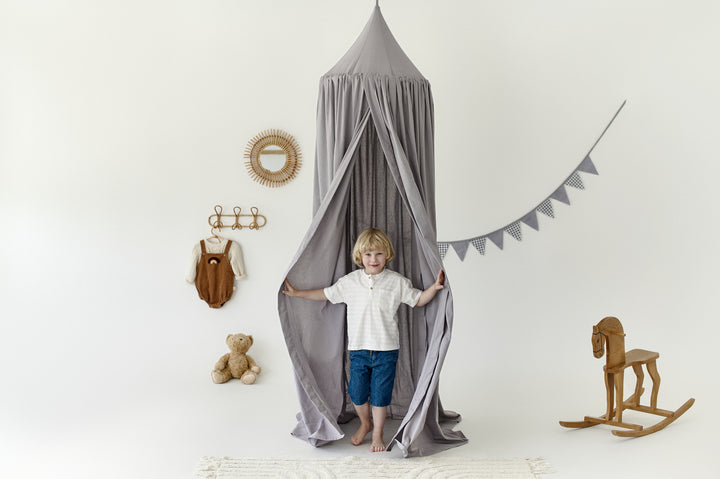 Gray linen canopy draped over a baby crib in neutral nursery Gray Linen Canopy | Neutral Crib Canopy for Nursery | Hanging Roof Canopy | Linen Bed Drape for Baby Room hellolittlefox linen-canopy-baby-crib-canopy-hanging-from-roof-canopy-crib-canopy-canopy-for-crib hellolittlefox.myshopify.com