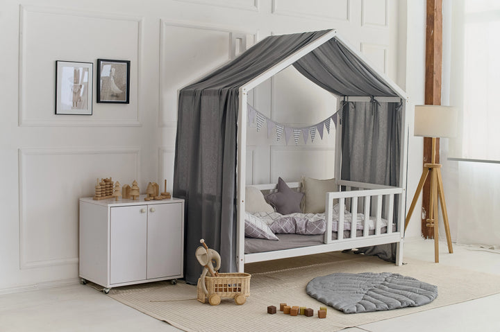 Neutral gray curtains tied back on a house-shaped bed frame Gray Linen Baby Canopy Curtains – Perfect for Montessori and House Bed Setups hellolittlefox gray-linen-baby-canopy-new-bed-curtains-perfect-for-montessori hellolittlefox.myshopify.com