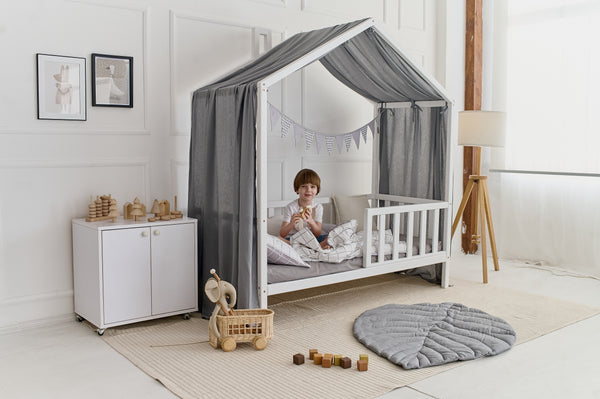 Gray linen canopy curtains hanging on a Montessori house bed Gray Linen Baby Canopy Curtains – Perfect for Montessori and House Bed Setups hellolittlefox gray-linen-baby-canopy-new-bed-curtains-perfect-for-montessori hellolittlefox.myshopify.com