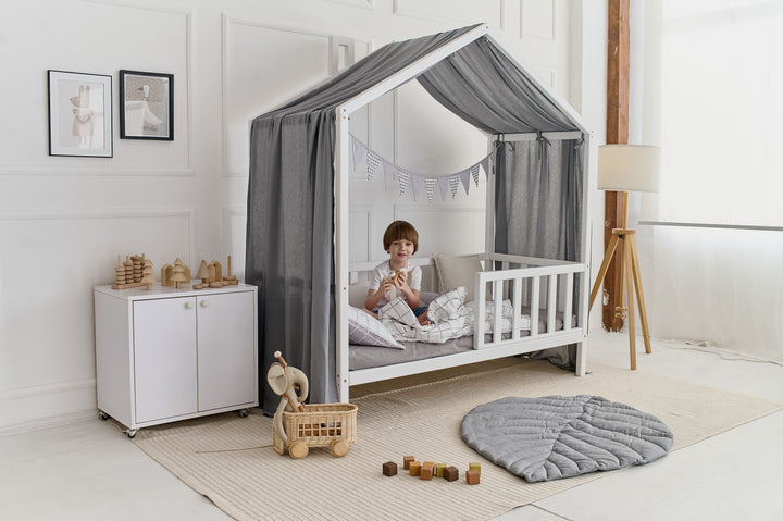 Gray linen canopy curtains hanging on a Montessori house bed Gray Linen Baby Canopy Curtains – Perfect for Montessori and House Bed Setups hellolittlefox gray-linen-baby-canopy-new-bed-curtains-perfect-for-montessori hellolittlefox.myshopify.com