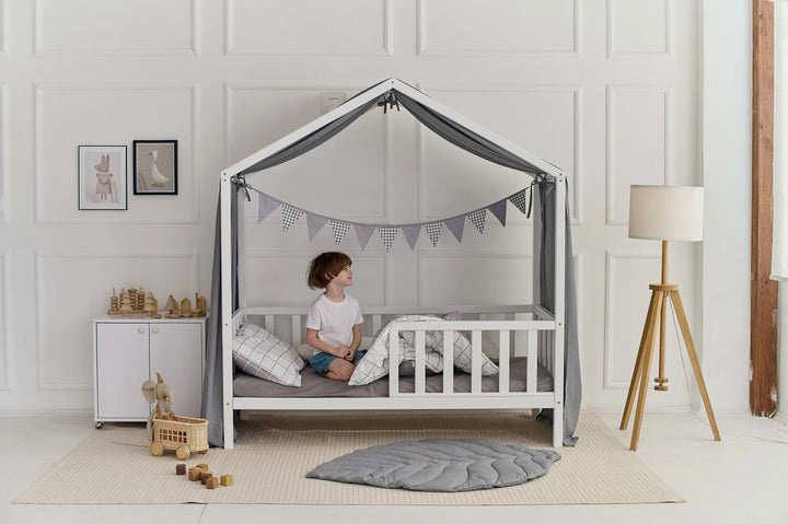 Gray linen bed canopy creating a cozy sleep space Gray Linen Baby Canopy Curtains – Perfect for Montessori and House Bed Setups hellolittlefox gray-linen-baby-canopy-new-bed-curtains-perfect-for-montessori hellolittlefox.myshopify.com