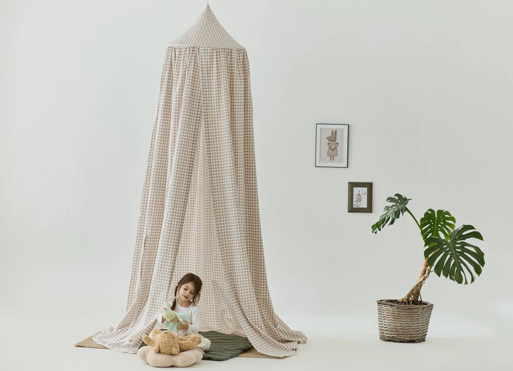 Gingham cotton canopy hanging over a neutral baby crib Gingham Cotton Bed Canopy | Neutral Hanging Crib Canopy for Nursery or Toddler Bed hellolittlefox gingham-cotton-bed-canopy-neutral-hanging-crib-canopy-for-nursery-or-toddler-bed hellolittlefox.myshopify.com