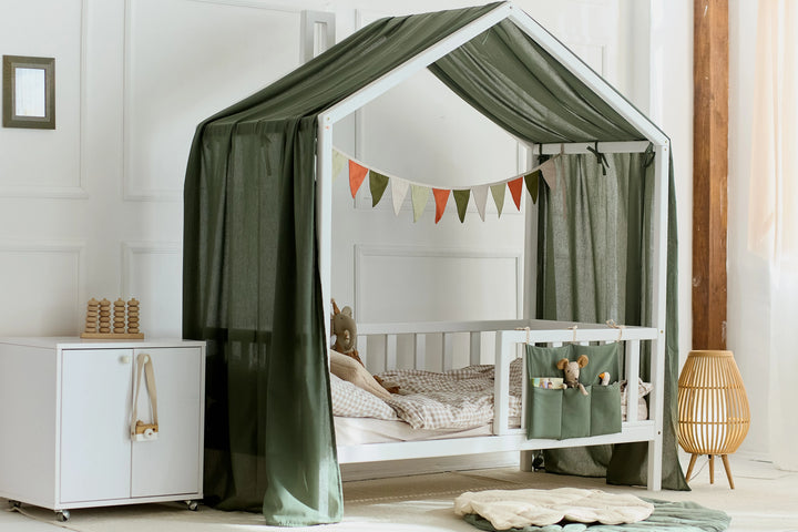 Linen and cotton khaki drapes styled for a Montessori bedroom Khaki Linen Baby Canopy Bed Curtains – Breathable Linen Curtains for Montessori & House Bed Setups hellolittlefox khaki-linen-baby-canopy-new-bed-curtains-perfect-for-montessori hellolittlefox.myshopify.com