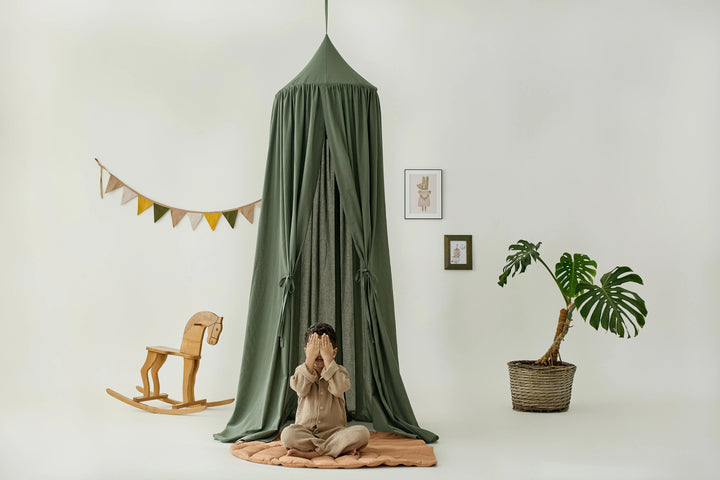 Close-up of khaki cotton-linen canopy fabric Khaki green Linen Canopy for Nursery | Hanging Crib Canopy | Boho Bed Drape for Baby Room or Play Corner hellolittlefox khaki-linen-canopy-for-nursery-hanging-crib-canopy-boho-bed-drape-for-baby-room-or-play-corner hellolittlefox.myshopify.com