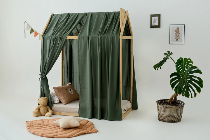 Organic linen canopy curtains tied neatly at toddler bed corners Khaki green Linen Bed Curtains for Montessori House Bed | Organic Linen Canopy Curtains for Toddler or Twin Bed hellolittlefox beige-linen-canopy-bed-curtains-aesthetic-room-decor-copy hellolittlefox.myshopify.com Khaki green Linen Bed Curtains for Montessori House Bed | Organic Linen Canopy Curtains for Toddler or Twin Bed hellolittlefox beige-linen-canopy-bed-curtains-aesthetic-room-decor-copy hellolittlefox.myshopify.com