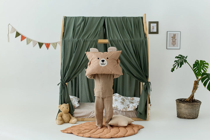 Montessori house bed with flowing linen canopy in khaki Khaki green Linen Bed Curtains for Montessori House Bed | Organic Linen Canopy Curtains for Toddler or Twin Bed hellolittlefox beige-linen-canopy-bed-curtains-aesthetic-room-decor-copy hellolittlefox.myshopify.com