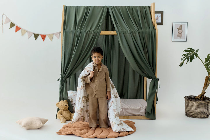 Linen canopy curtains for twin size house bed in neutral khaki