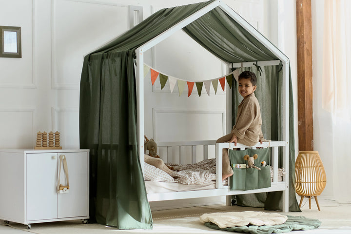 Neutral khaki curtains hanging on a wooden house-shaped bed Khaki Linen Baby Canopy Bed Curtains – Breathable Linen Curtains for Montessori & House Bed Setups hellolittlefox khaki-linen-baby-canopy-new-bed-curtains-perfect-for-montessori hellolittlefox.myshopify.com