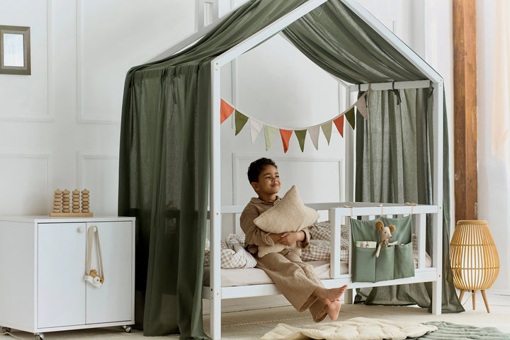 Khaki linen canopy curtains draped over a Montessori house bed Khaki Linen Baby Canopy Bed Curtains – Breathable Linen Curtains for Montessori & House Bed Setups hellolittlefox khaki-linen-baby-canopy-new-bed-curtains-perfect-for-montessori hellolittlefox.myshopify.com
