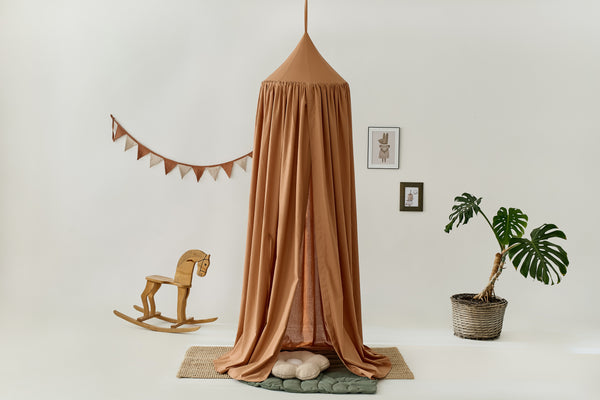 Boho-style linen canopy in warm rust tone Terracotta Linen Canopy | Boho Crib Canopy & Hanging Bed Canopy for Nursery hellolittlefox terracotta-linen-canopy-boho-crib-canopy-hanging-bed-canopy-for-nursery hellolittlefox.myshopify.com