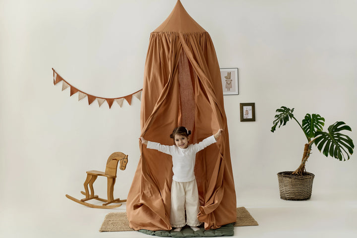 Terracotta linen canopy hanging above crib Terracotta Linen Canopy | Boho Crib Canopy & Hanging Bed Canopy for Nursery hellolittlefox terracotta-linen-canopy-boho-crib-canopy-hanging-bed-canopy-for-nursery hellolittlefox.myshopify.com
