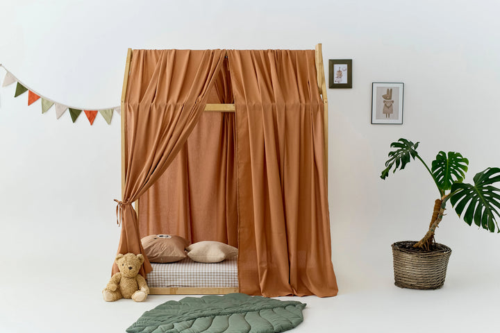Natural linen toddler bed curtains in warm terracotta color Terracotta Linen Bed Curtains for Montessori House Bed | Organic Linen Canopy Curtains for Toddler or Twin Bed hellolittlefox khaki-linen-bed-curtains-for-montessori-house-bed-organic-linen-canopy-curtains-for-toddler-or-twin-bed-copy hellolittlefox.myshopify.com