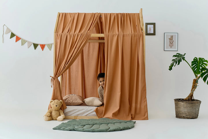 Earth-toned linen canopy for Montessori-style kids bed Terracotta Linen Bed Curtains for Montessori House Bed | Organic Linen Canopy Curtains for Toddler or Twin Bed hellolittlefox khaki-linen-bed-curtains-for-montessori-house-bed-organic-linen-canopy-curtains-for-toddler-or-twin-bed-copy hellolittlefox.myshopify.com