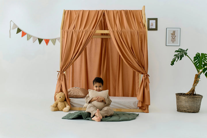 Terracotta linen bed curtains on a Montessori house bed Terracotta Linen Bed Curtains for Montessori House Bed | Organic Linen Canopy Curtains for Toddler or Twin Bed hellolittlefox khaki-linen-bed-curtains-for-montessori-house-bed-organic-linen-canopy-curtains-for-toddler-or-twin-bed-copy hellolittlefox.myshopify.com