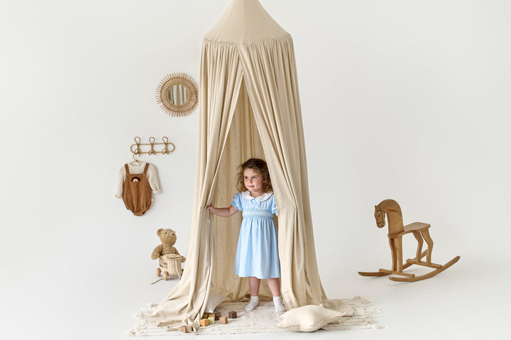 Beige canopy tied to the side showing layered linen fabric Beige Linen Canopy | Baby Crib Canopy, Hanging Roof Canopy, Crib Canopy, Canopy for Crib hellolittlefox beige-linen-canopy-baby-crib-canopy-hanging-roof-canopy-crib-canopy-canopy-for-crib-copy hellolittlefox.myshopify.com